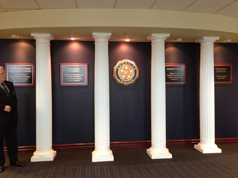 The Four Pillars of the American Legion (Veterans Affairs & Rehabilitation, National Security, Americanism, Children & Youth) stand proudly in the lobby at the John H. Geiger Operations Center in Indianapolis, IN.